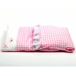 Houten Poppenwagen De Luxe Pink Incl. Dekbed / Slaapzak -Speelgoed Winkel dekje roze geruit met 2 bloempjes